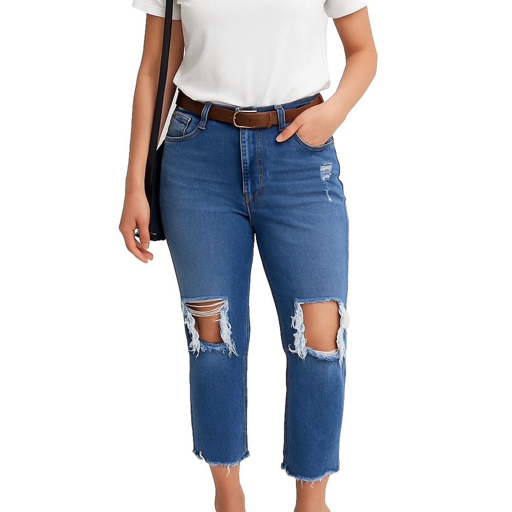 Vanilla Star Womens 20W Blue Distressed Ripped Cropped Jeans Raw Hem Denim